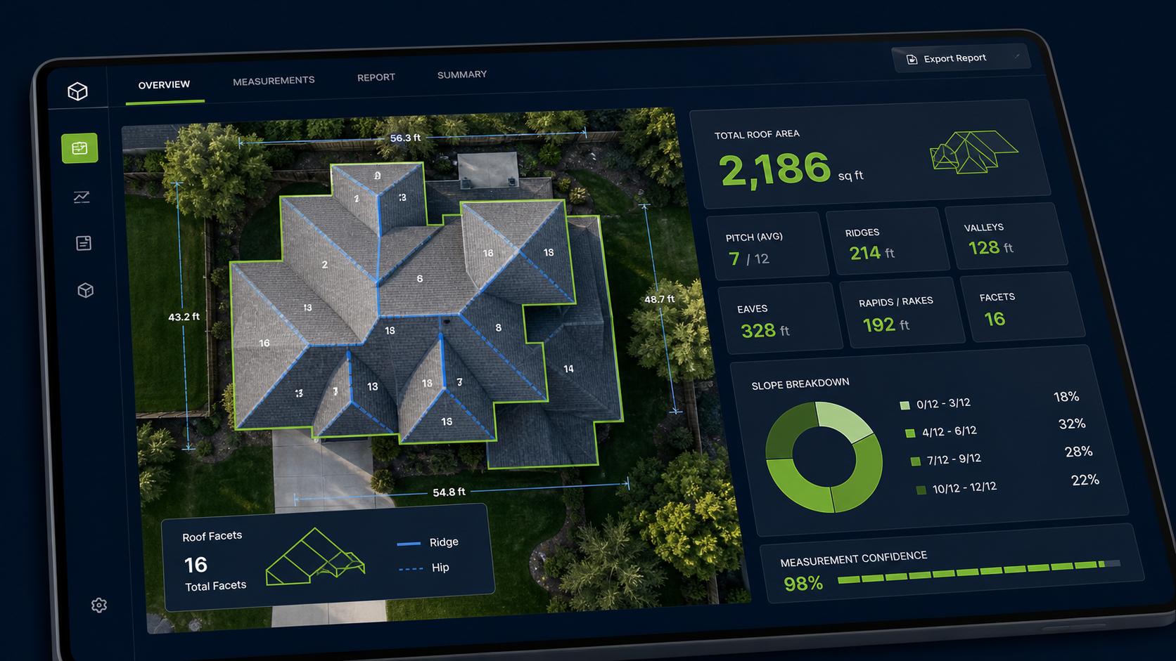 Example instant roof measurement report with aerial roof outlines and measurement data